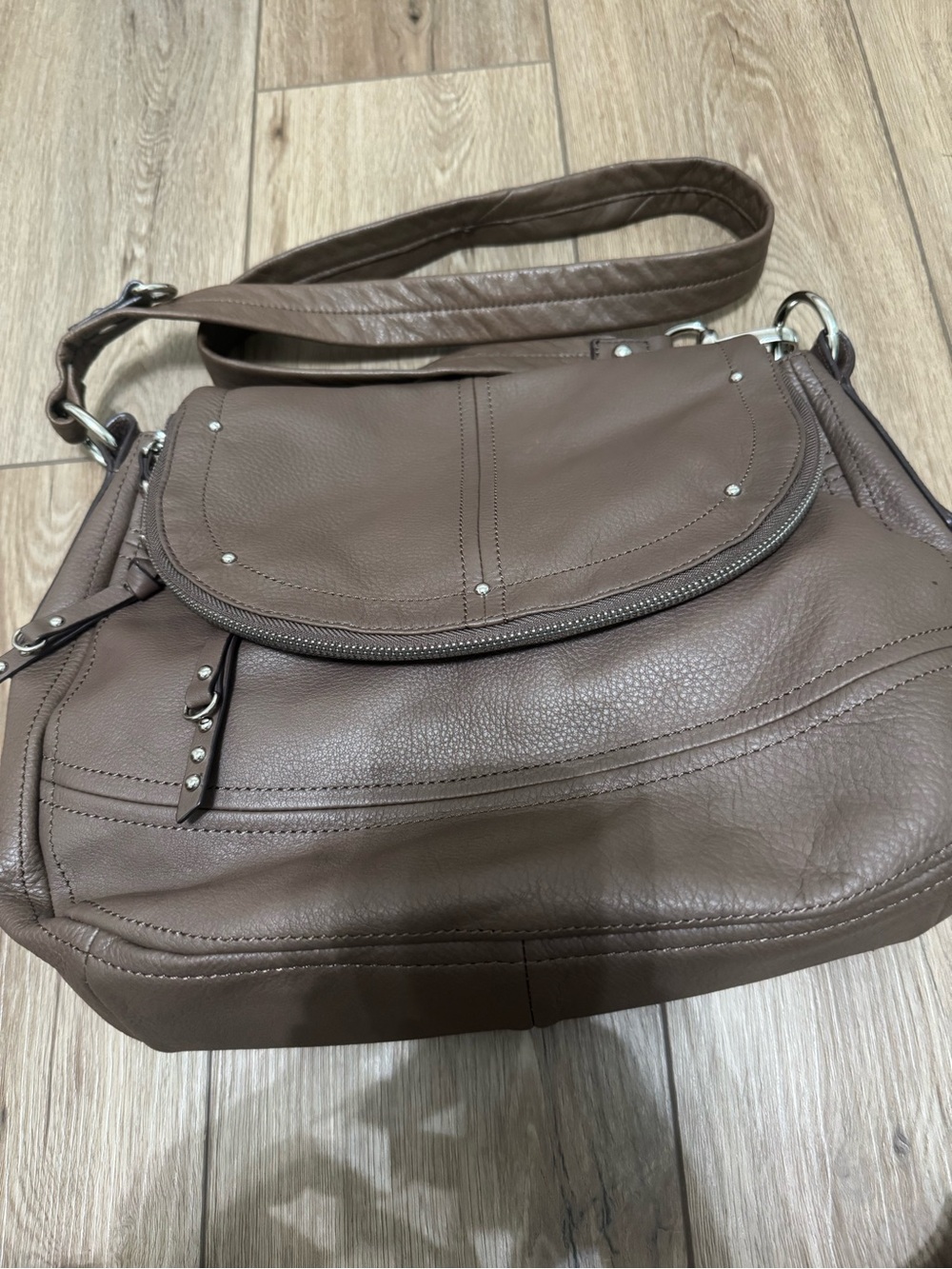 b. makowsky Brown Pebbled Leather Shoulder Bag with Zip Flap